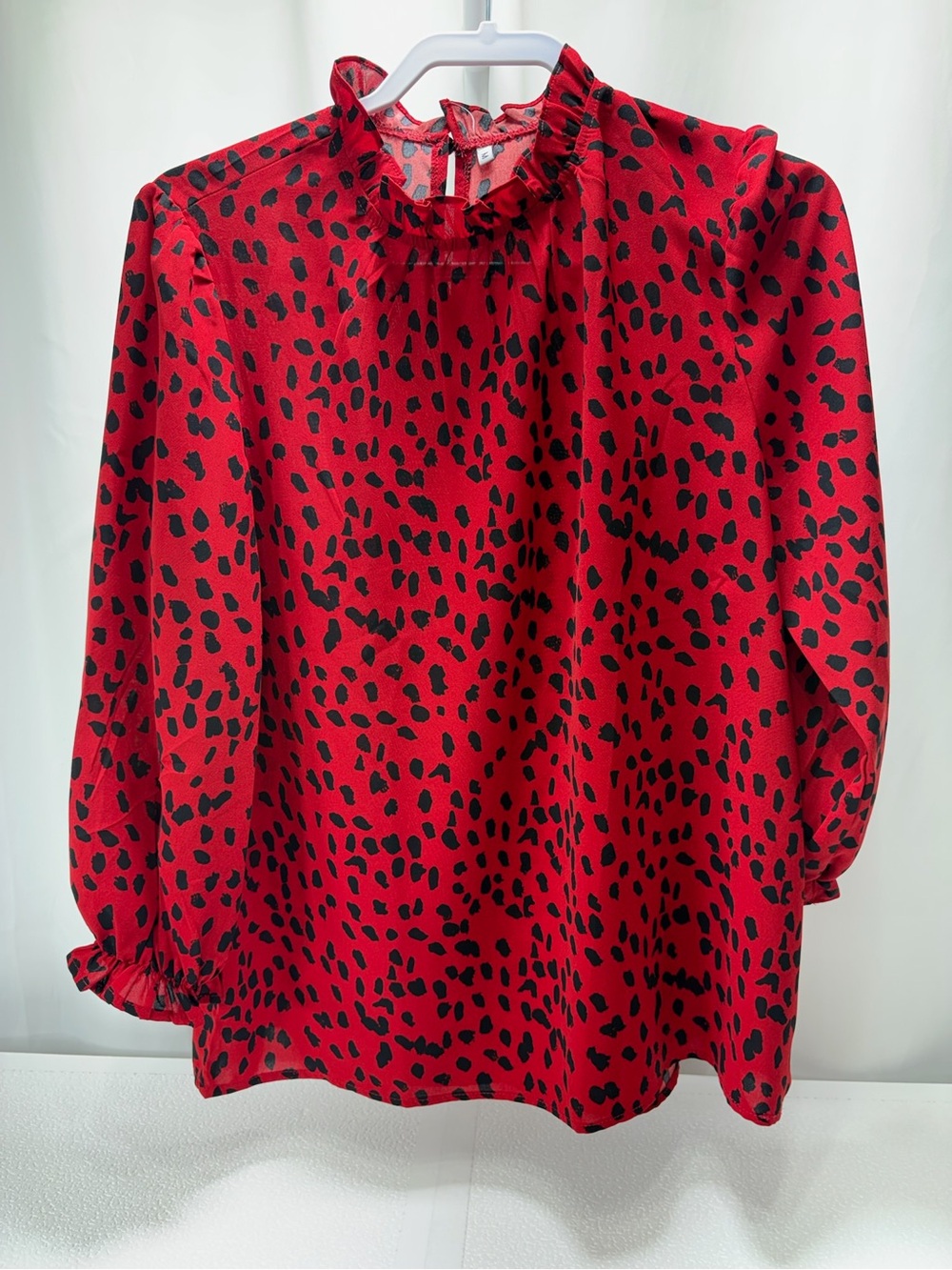 Red Leopard Print Ruffle Neck Blouse - Women 4406